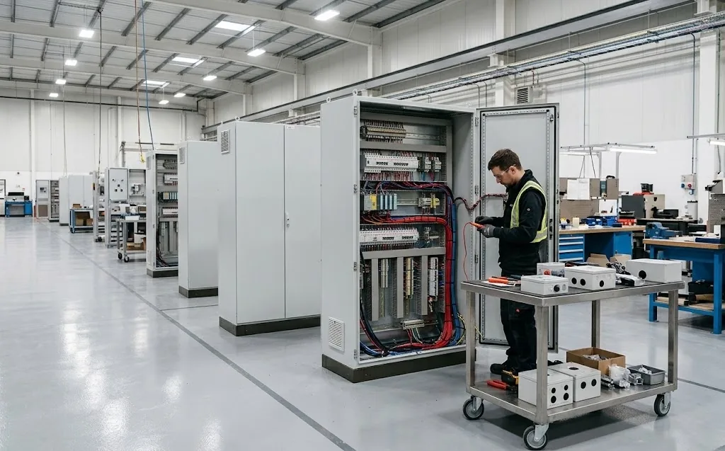 Custom electrical enclosures and control panels being wired and inspected on the assembly line