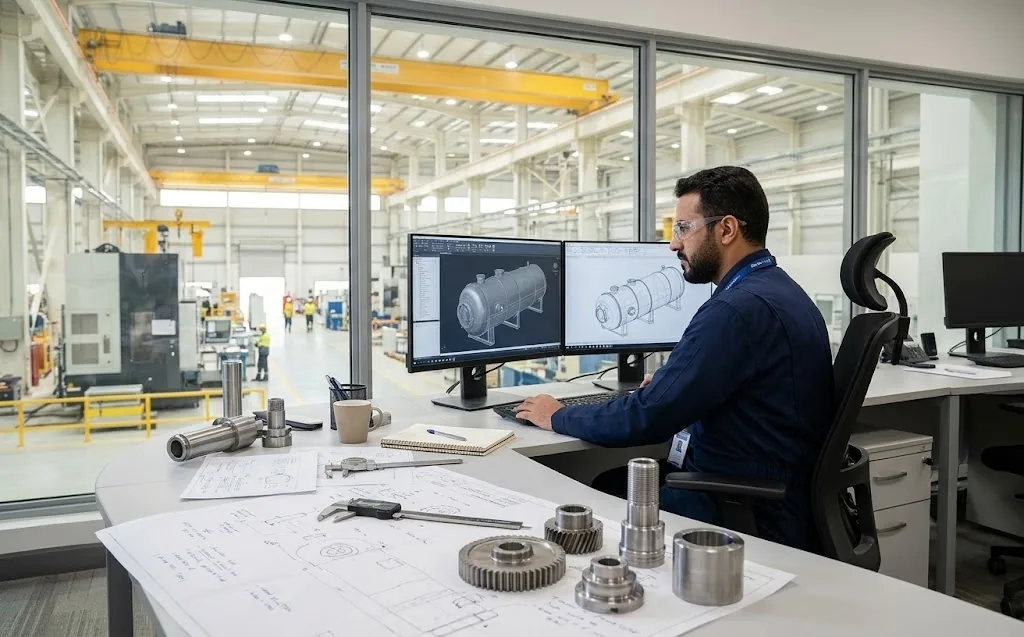 EMATIO engineer modeling an industrial vessel in 3D CAD with blueprints and precision parts