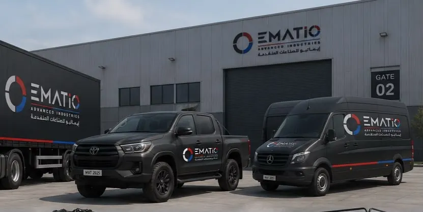 EMATIO branded truck, pickup and van at the warehouse gate