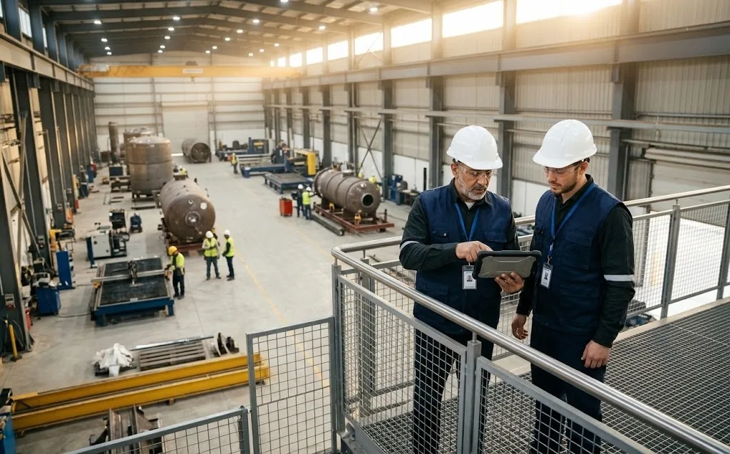 Project managers on an observation walkway reviewing production workflows overlooking the factory floor