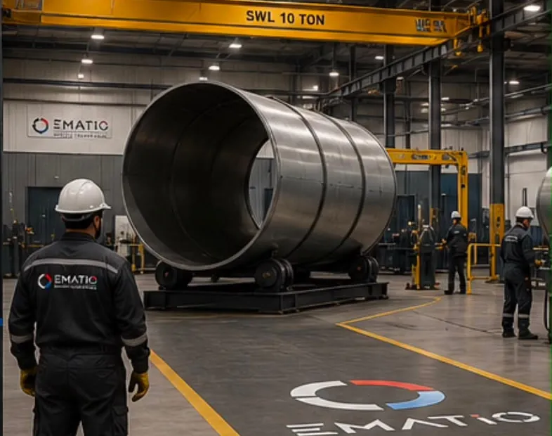 Steel tank under fabrication beneath an overhead crane in the EMATIO factory