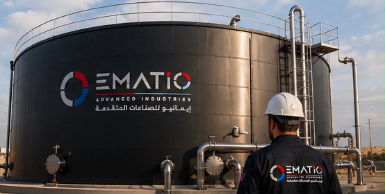 Black industrial storage tank with piping and an EMATIO engineer