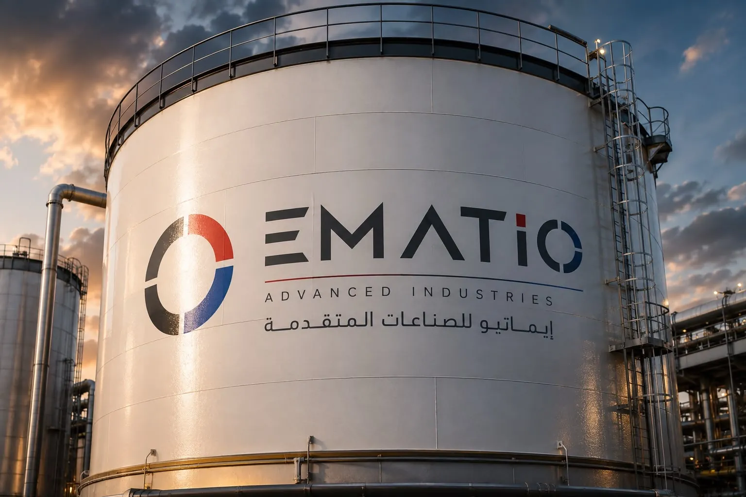 White EMATIO-branded storage tank beside refinery piping at sunset
