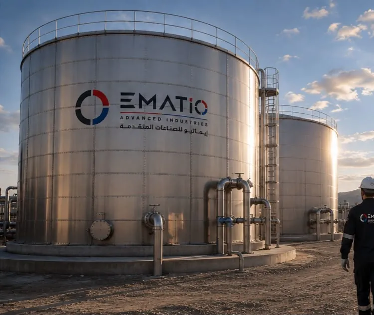 Stainless steel storage tanks at sunset with an EMATIO engineer on site